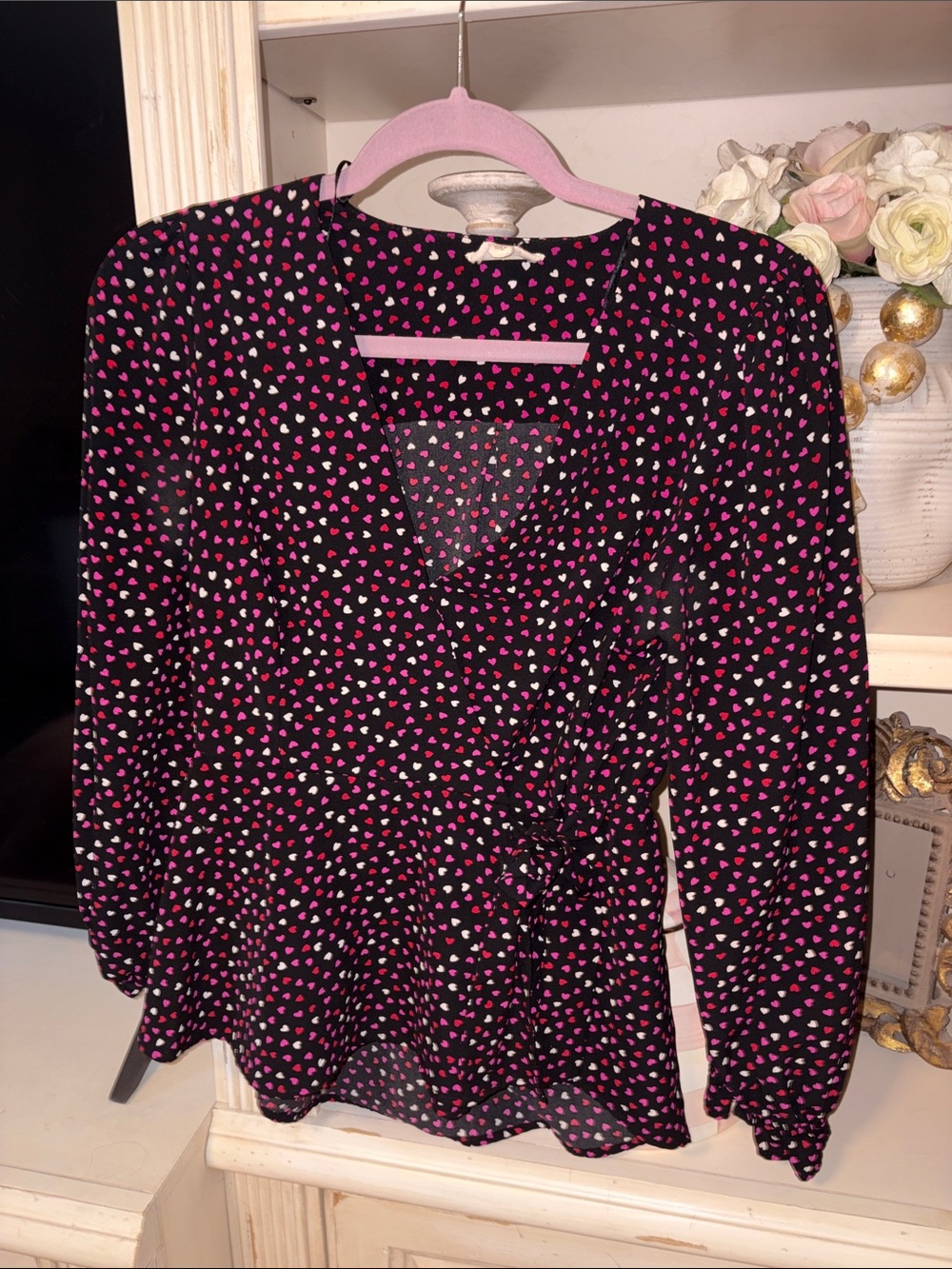 meraki Black Wrap Blouse with Pink & White Heart Print size Small